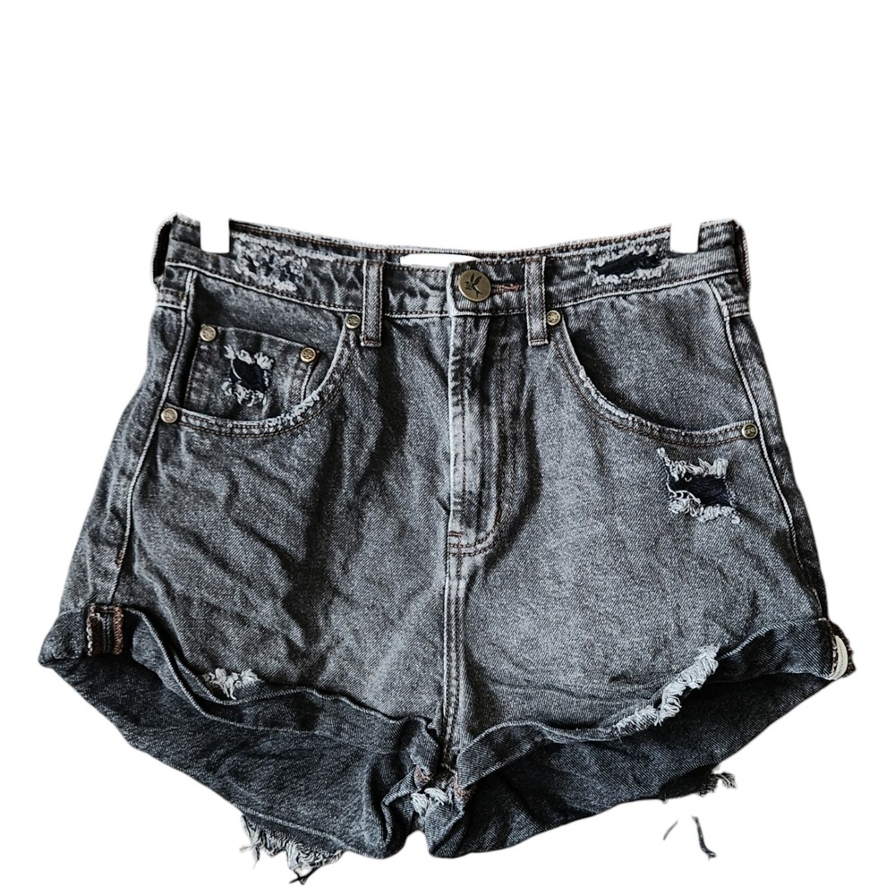 One Teaspoon Bandits Black Distressed Denim Shorts Sz 28 Hi Rise Cuffed 1.5"